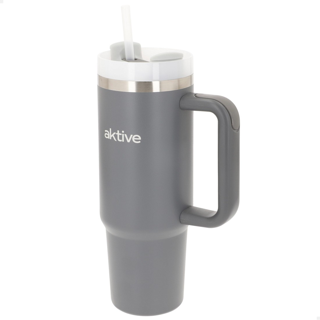 Vaso térmico gris 900 ml inox tapa rosca 3 posiciones con pajita y asa ergonómica