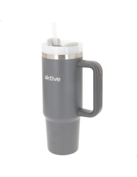 Vaso térmico gris 900 ml inox tapa rosca 3 posiciones con pajita y asa ergonómica