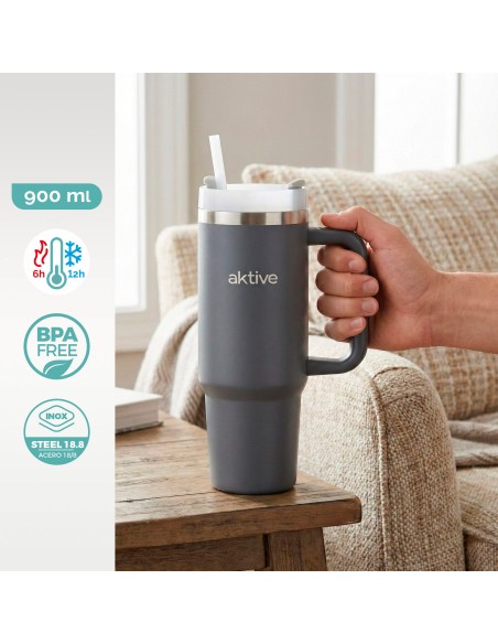 Vaso térmico gris 900 ml inox tapa rosca 3 posiciones con pajita y asa ergonómica