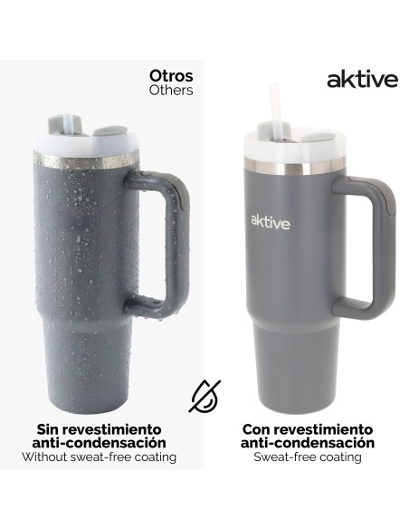 Vaso térmico gris 900 ml inox tapa rosca 3 posiciones con pajita y asa ergonómica