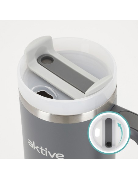 Vaso térmico gris 900 ml inox tapa rosca 3 posiciones con pajita y asa ergonómica
