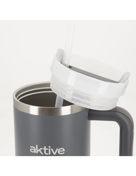 Vaso térmico gris 900 ml inox tapa rosca 3 posiciones con pajita y asa ergonómica