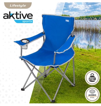 Silla plegable camping con posavasos azul 2