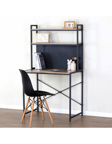 Max Home Escritorio con estantería y tablero perforado madera y acero 85x50x148 cm