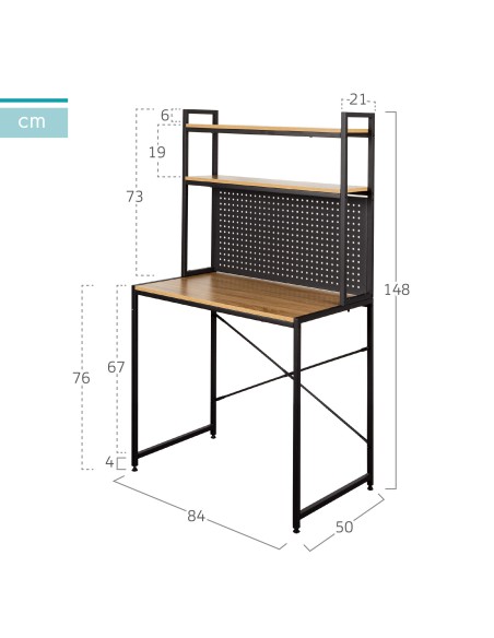 Max Home Escritorio con estantería y tablero perforado madera y acero 85x50x148 cm