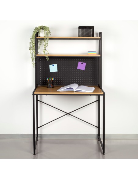 Max Home Escritorio con estantería y tablero perforado madera y acero 85x50x148 cm