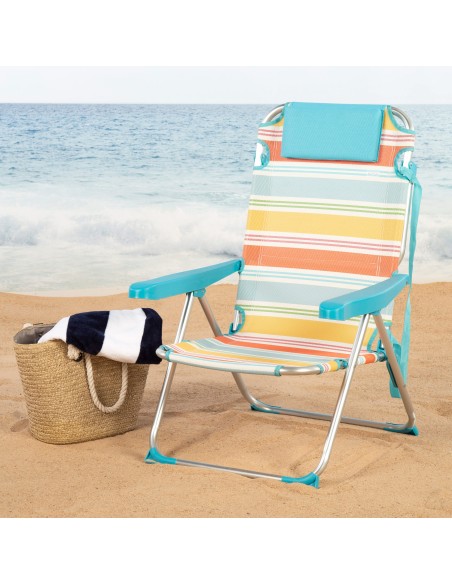 Silla playa multiposición 48x60x90 cm rayas coloridas con bolsillo y cojín