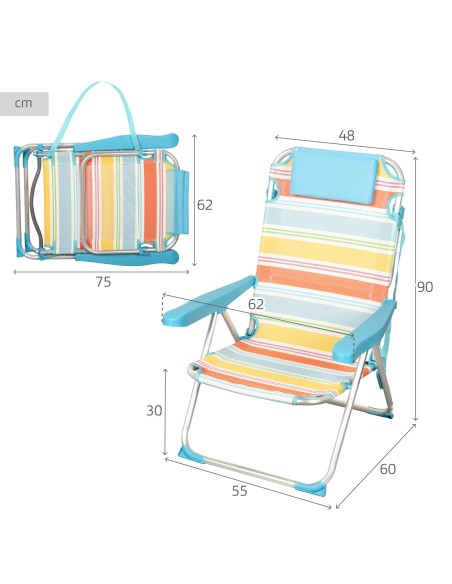 Silla playa multiposición 48x60x90 cm rayas coloridas con bolsillo y cojín