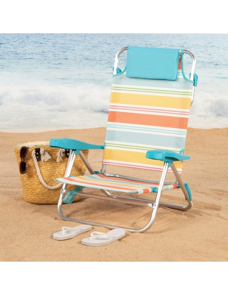 Silla playa baja multiposición 50x48x80 cm rayas coloridas con bolsillo y cojín