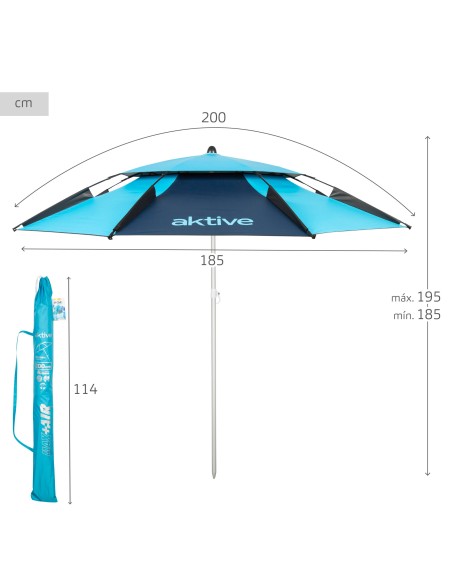 Sombrilla de playa antiviento 8 varillas 200 cm con protección UV50 azul