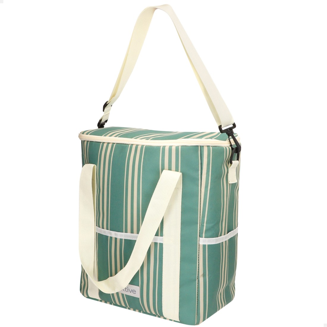 Nevera portátil blanda 14l con 3 bolsillos y asas verde rayas blancas