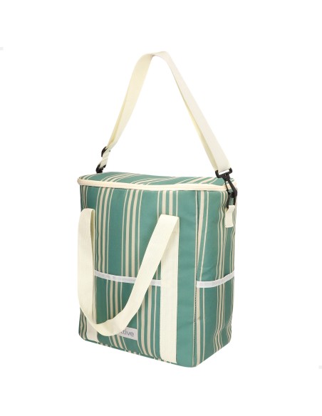 Nevera portátil blanda 14L con 3 bolsillos y asas verde rayas blancas