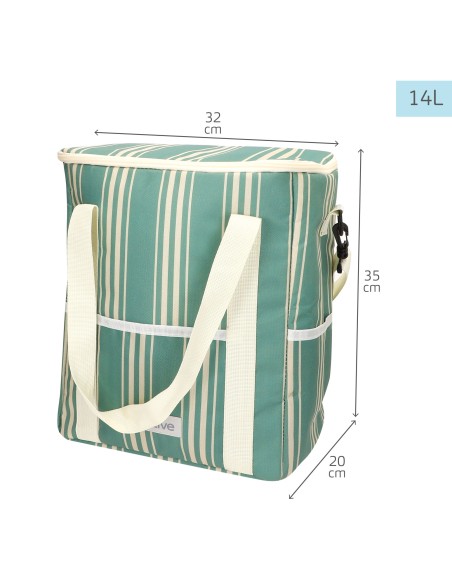 Nevera portátil blanda 14L con 3 bolsillos y asas verde rayas blancas
