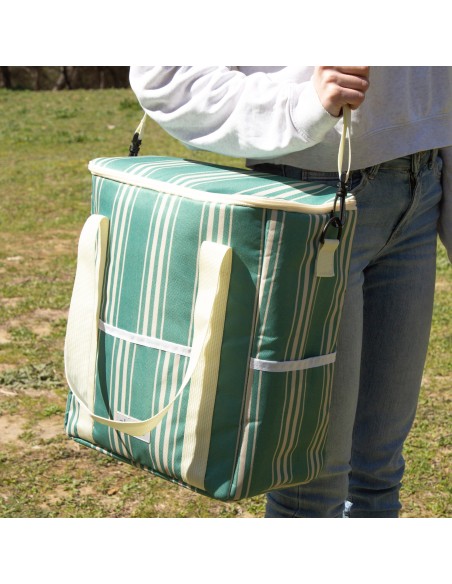 Nevera portátil blanda 14L con 3 bolsillos y asas verde rayas blancas