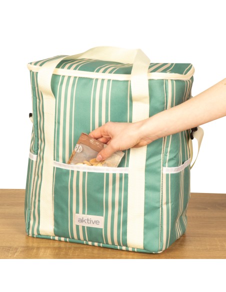 Nevera portátil blanda 14L con 3 bolsillos y asas verde rayas blancas