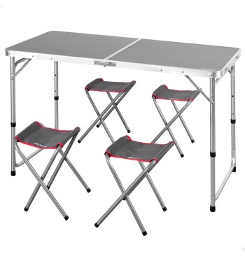 Mesa plegable camping altura regulable gris con 4 taburetes